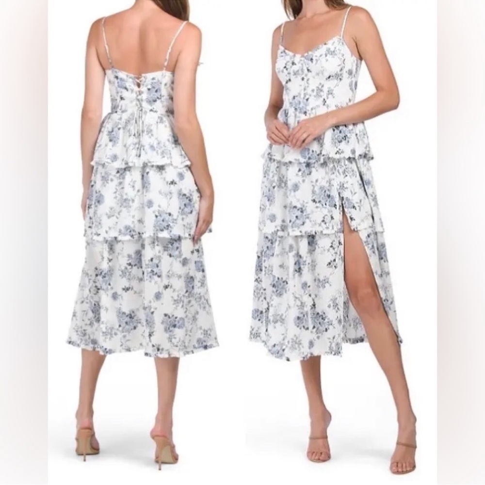 HOUSE OF HARLOW 1960 Linen Blend Midi Dress With Lace Up Back large floral
